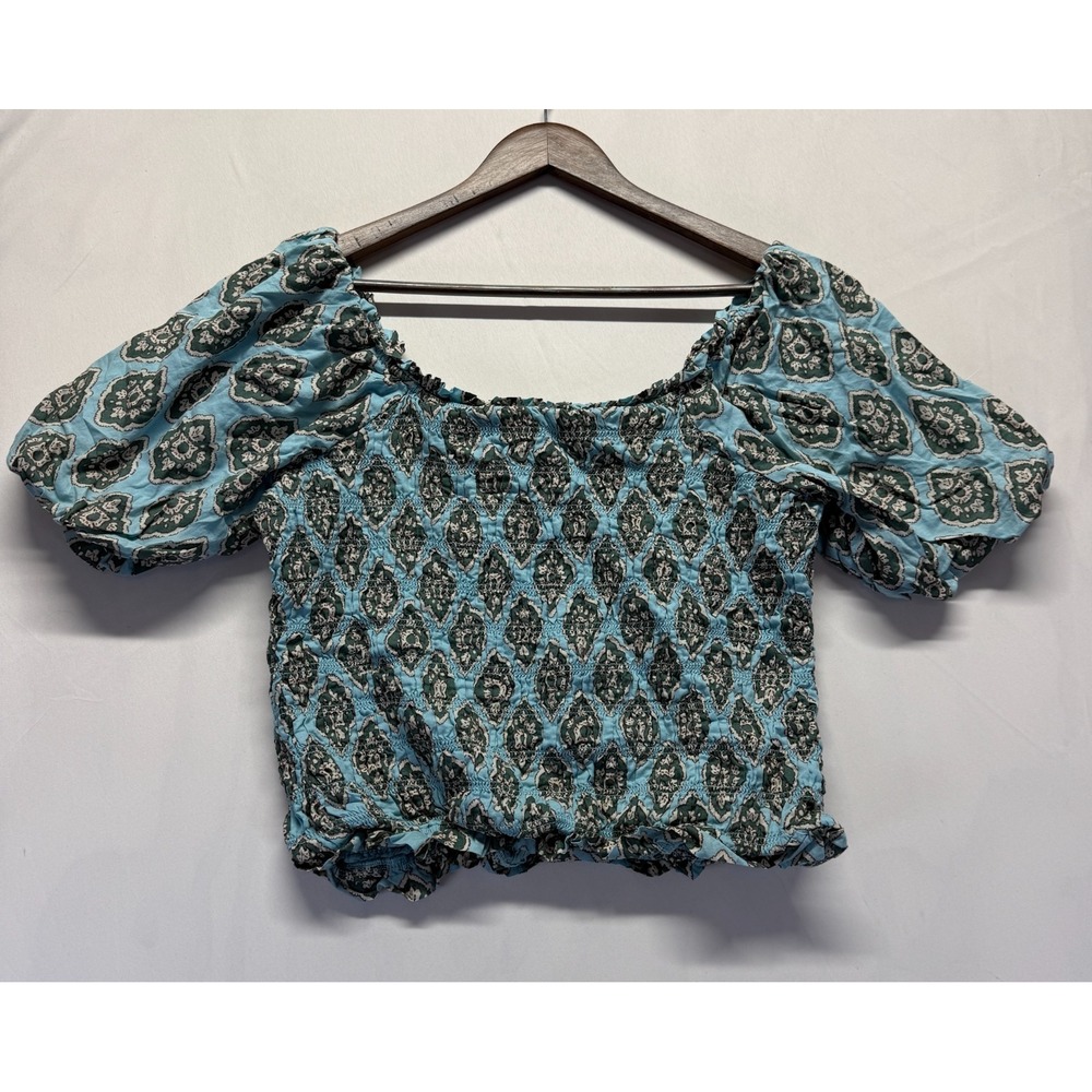 Maurices Smocked Cropped Top Womens XL Blue Green Medallion Print Puff Sleeve